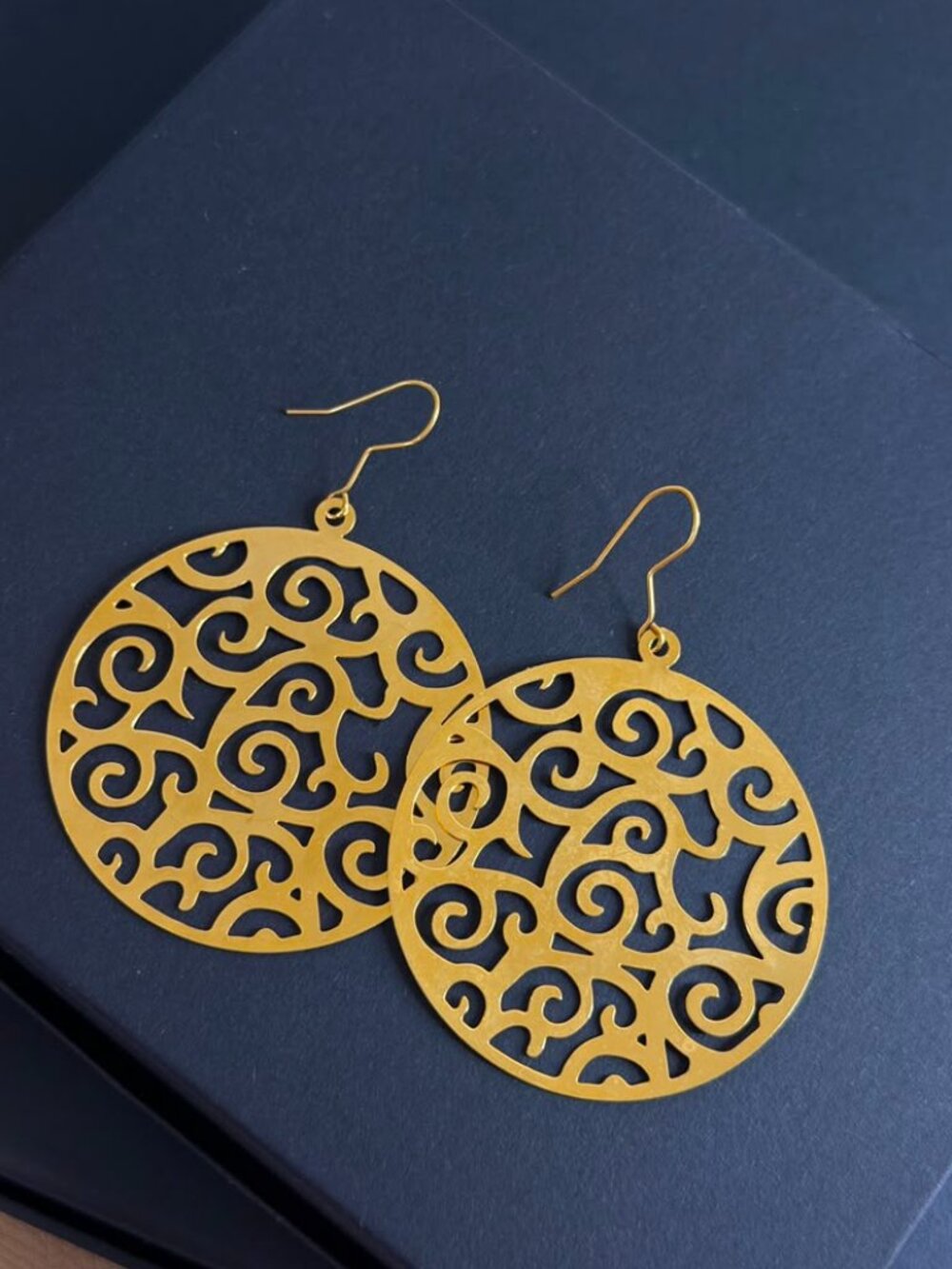Gold Boho Lace Pattern Dangle Earrings | Round Intricate Statement Jewelry